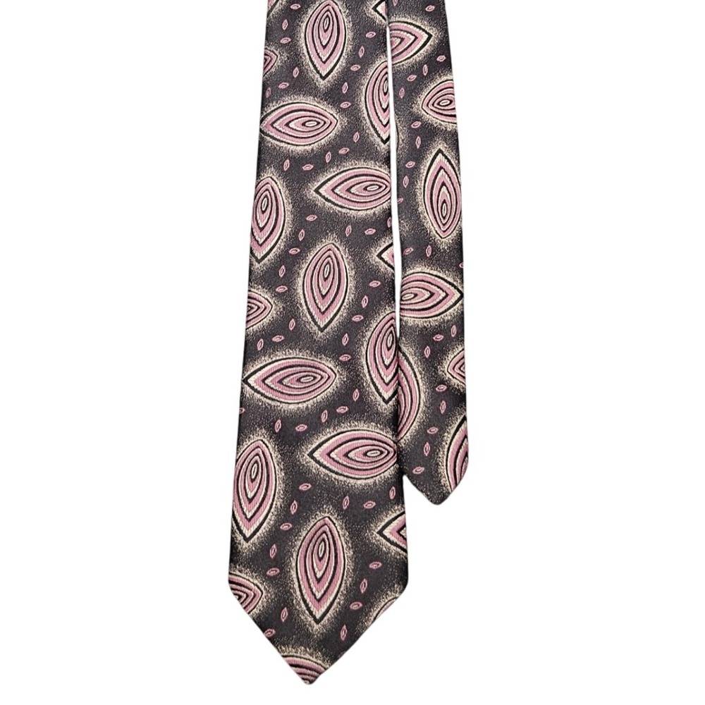 Norseman Extra Long Silk‎ Polyester Tie Made in USA Black Pink Geometric Pattern